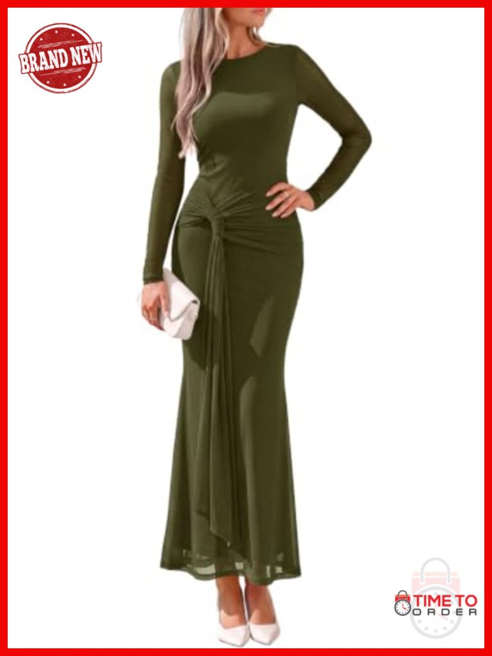 Long Sleeve Bodycon Mesh Maxi Dress Tie Waist Ruched Party
